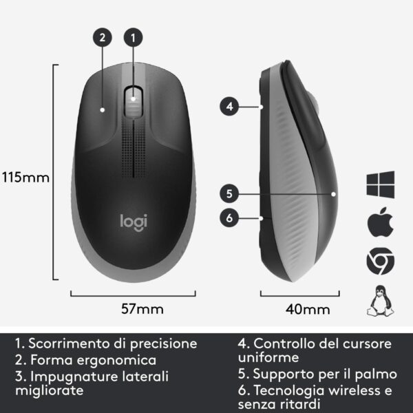 Logitech M190 Mouse Wireless Design Ricurvo Ambidestro - immagine 3