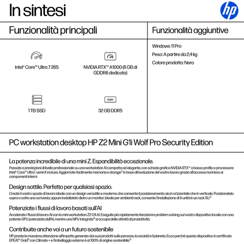 HP Z2 Mini G1i Wolf Pro Security Edition Intel Core Ultra 7 265 32 GB DDR5-SDRAM 1 TB SSD NVIDIA RTX A1000 Windows 11 Pro Mini PC Stazione di lavoro AI Workstation, AI PC Nero - immagine 3