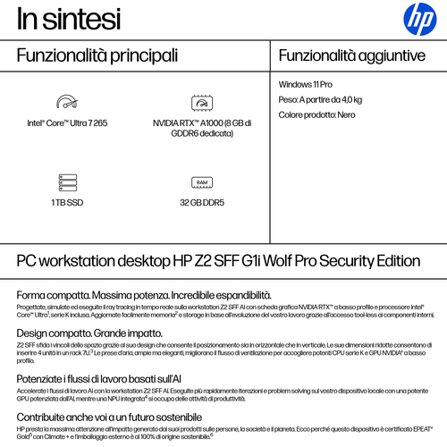 HP Z2 SFF G1i Wolf Pro Security Edition Intel Core Ultra 7 265 32 GB DDR5-SDRAM 1 TB SSD NVIDIA RTX A1000 Windows 11 Pro Stazione di lavoro AI Workstation, AI PC Nero - immagine 3